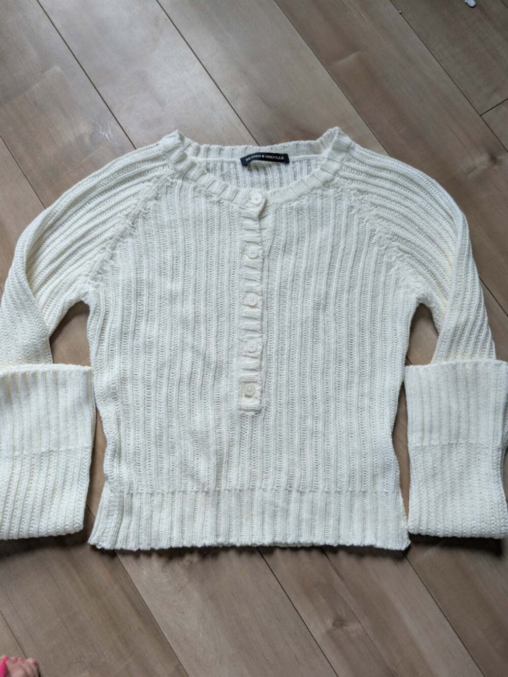 Brandy Melville Cream Off-White Ribbed Knit Henley Sweater